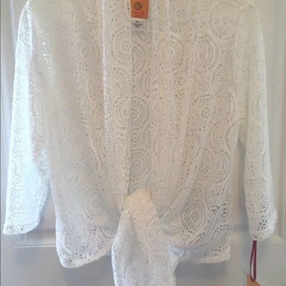 RUBY RD PS Boho White Lace Waterfall Topper Wrap Cardigan Drape Sheer Tie - Picture 2 of 6